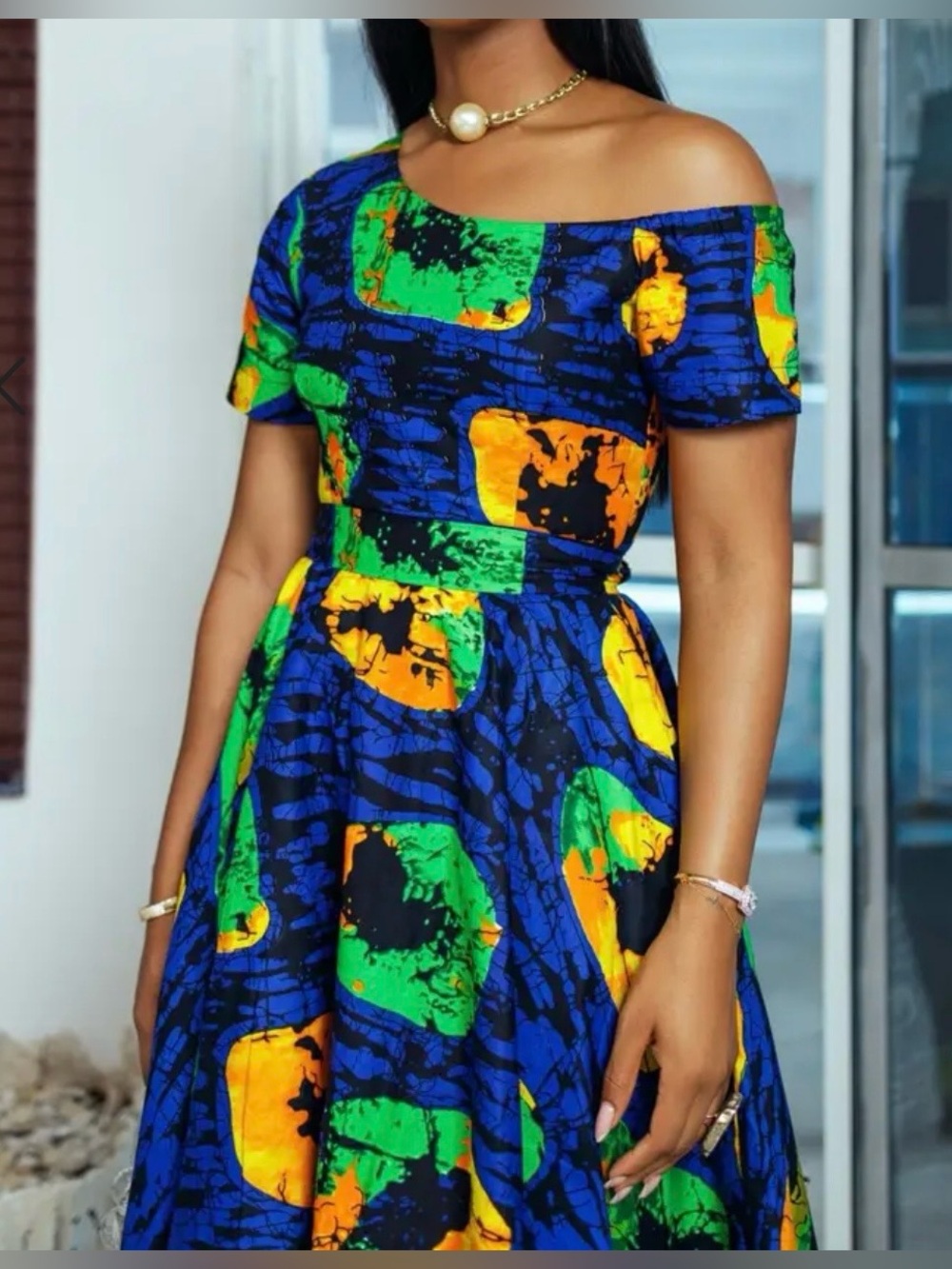 NWT Mae Otti Blue Green African Print Fit & Flare Belted Dress XL